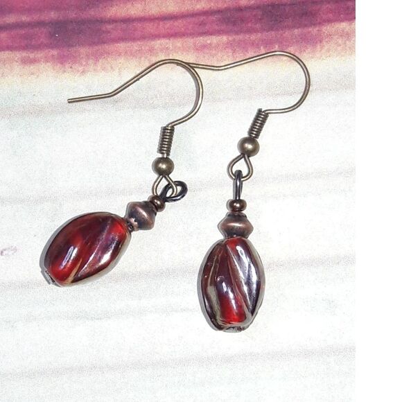 artisan earrings 202#mfs Red pressed glass swirl bead dangle earrings Red Victor - Picture 2 of 5